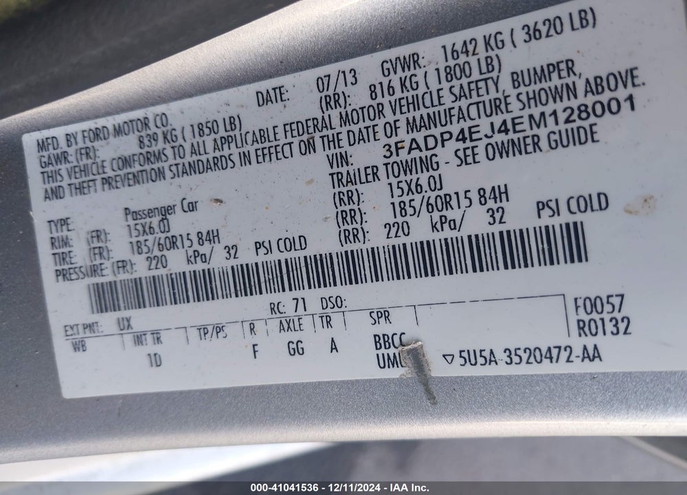 2014 FORD FIESTA SE VIN: 3FADP4EJ4EM128001