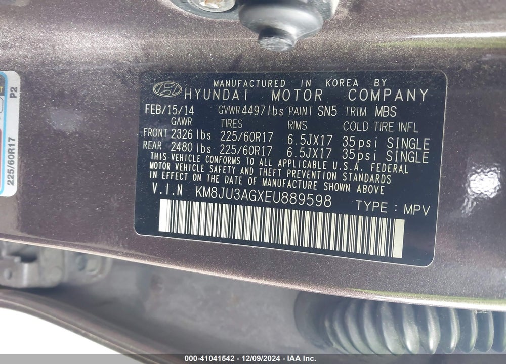 2014 HYUNDAI TUCSON SE VIN: KM8JU3AGXEU889598