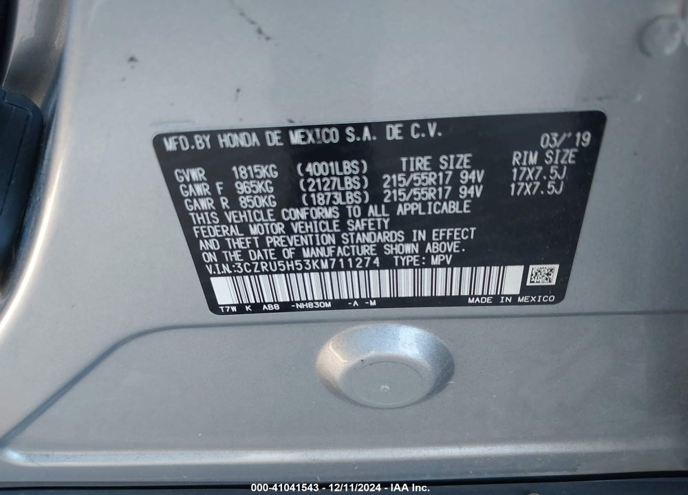 2019 HONDA HR-V EX VIN: 3CZRU5H53KM711274