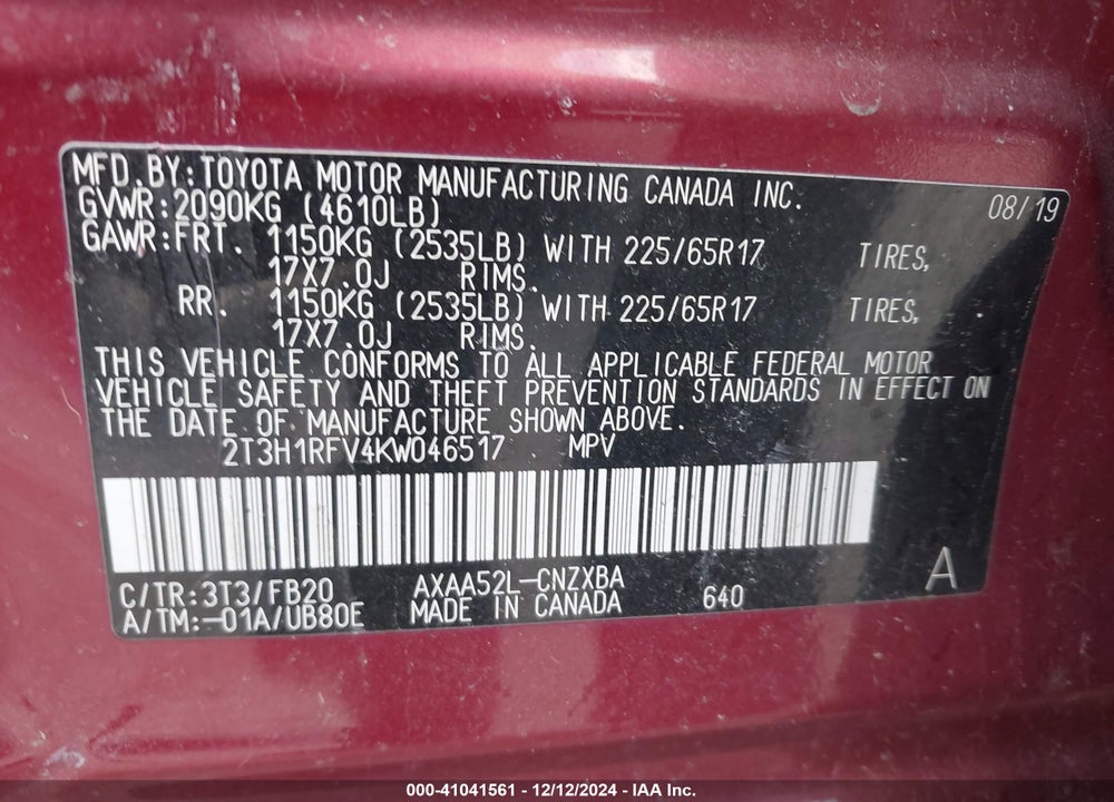 2019 TOYOTA RAV4 LE VIN: 2T3H1RFV4KW046517