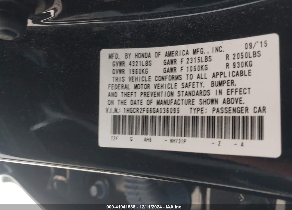 2016 HONDA ACCORD SPORT VIN: 1HGCR2F66GA036095