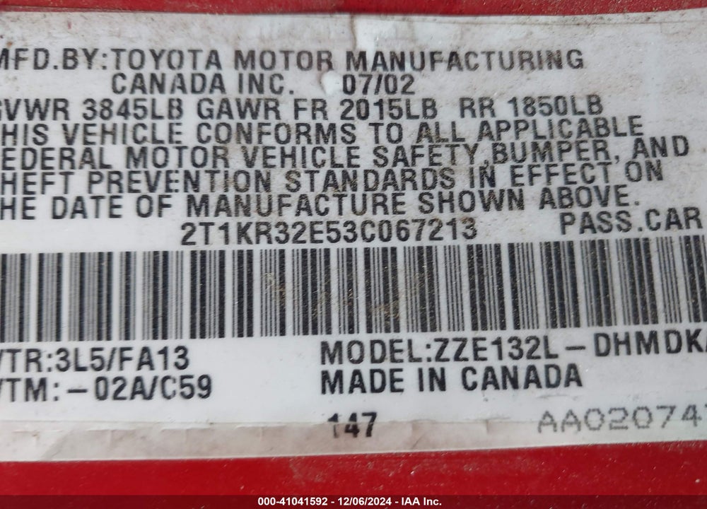 2003 TOYOTA MATRIX STANDARD VIN: 2T1KR32E53C067213