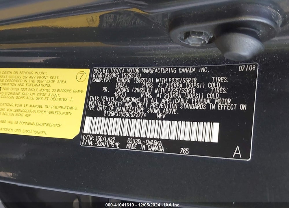 2009 LEXUS RX 350 VIN: 2T2GK31U59C072774