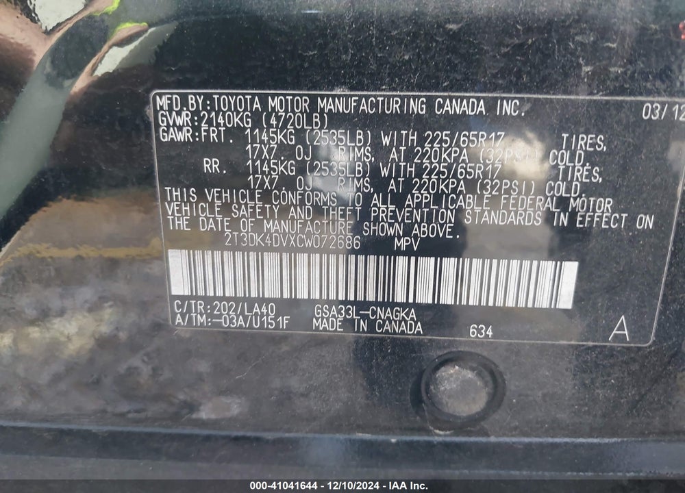 2012 TOYOTA RAV4 LIMITED V6 VIN: 2T3DK4DVXCW072686