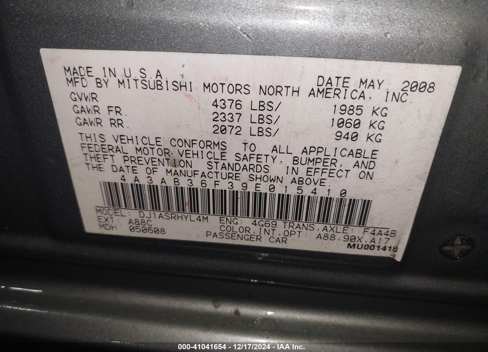 2009 MITSUBISHI GALANT ES/SPORT EDITION VIN: 4A3AB36F39E015410