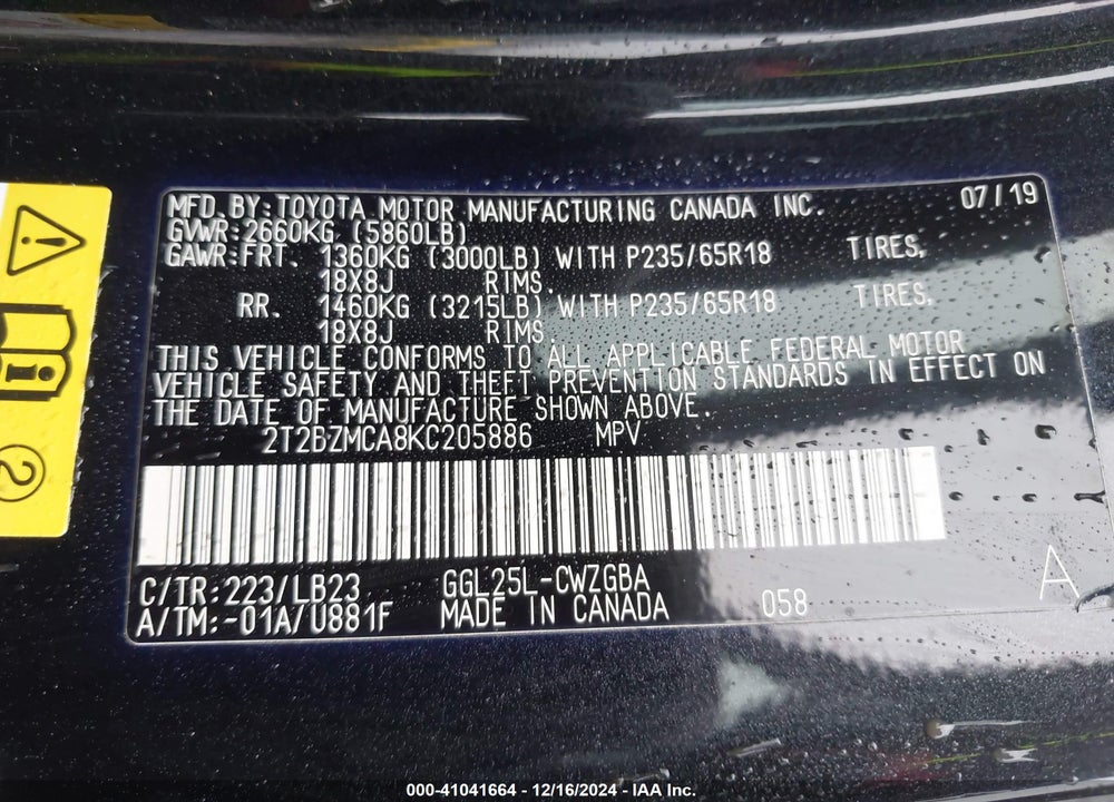 2019 LEXUS RX 350 VIN: 2T2BZMCA8KC205886