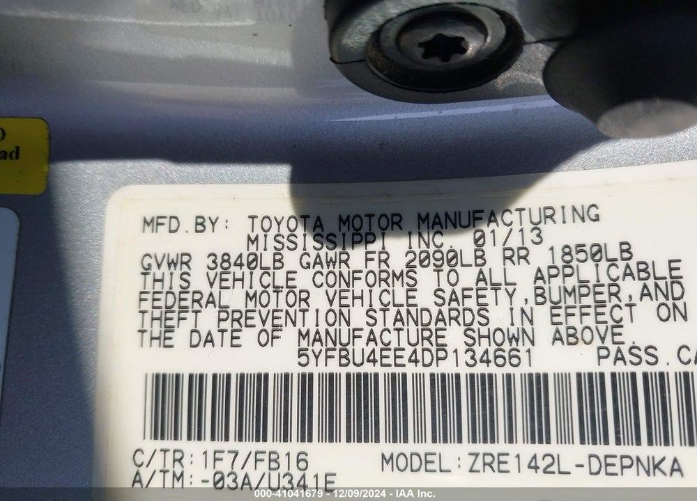 2013 TOYOTA COROLLA LE VIN: 5YFBU4EE4DP134661