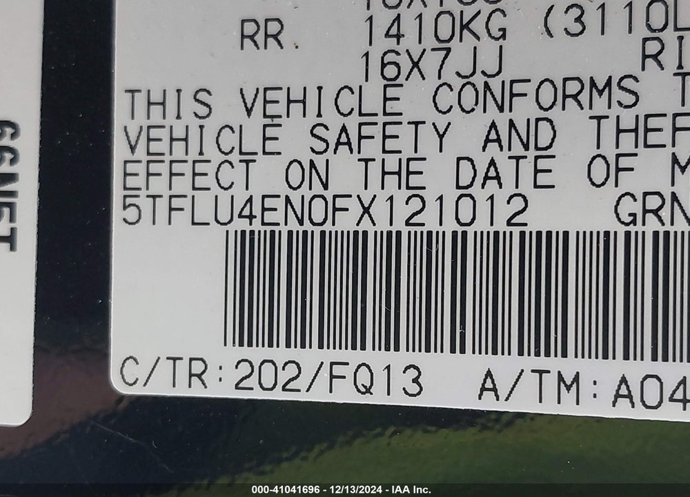 2015 TOYOTA TACOMA VIN: 5TFLU4EN0FX121012