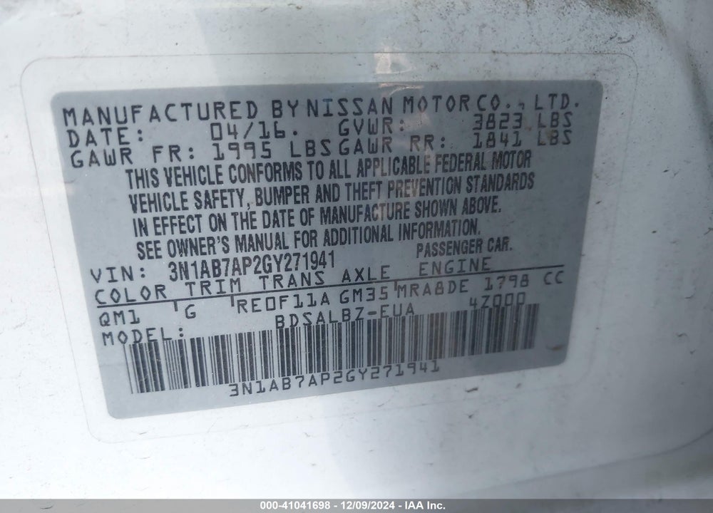 2016 NISSAN SENTRA S VIN: 3N1AB7AP2GY271941