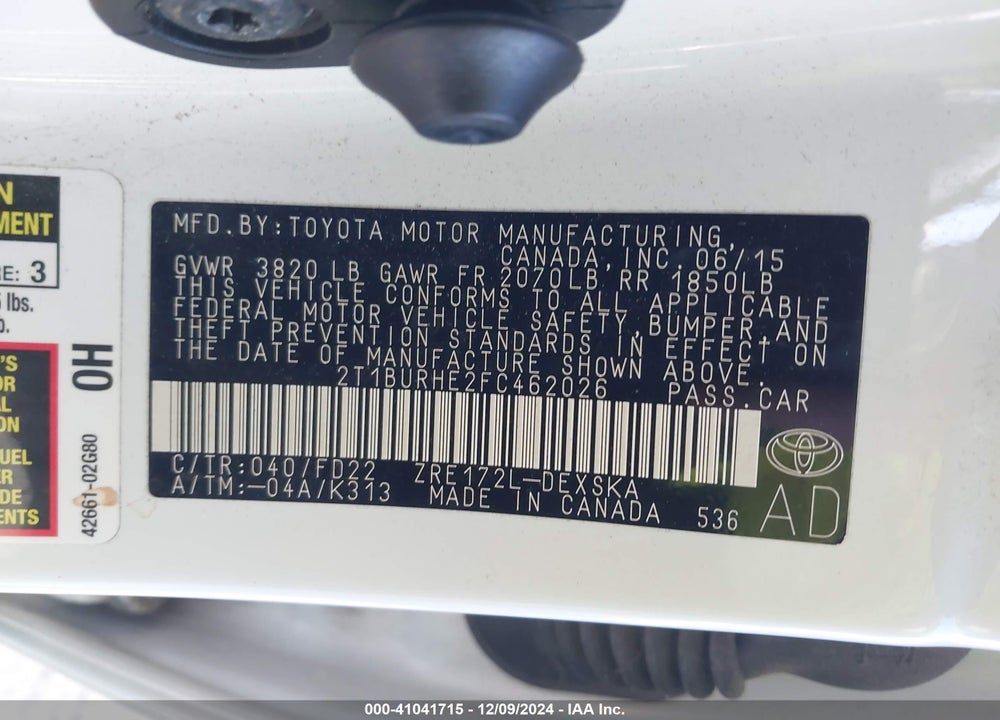 2015 TOYOTA COROLLA VIN: 2T1BURHE2FC462026