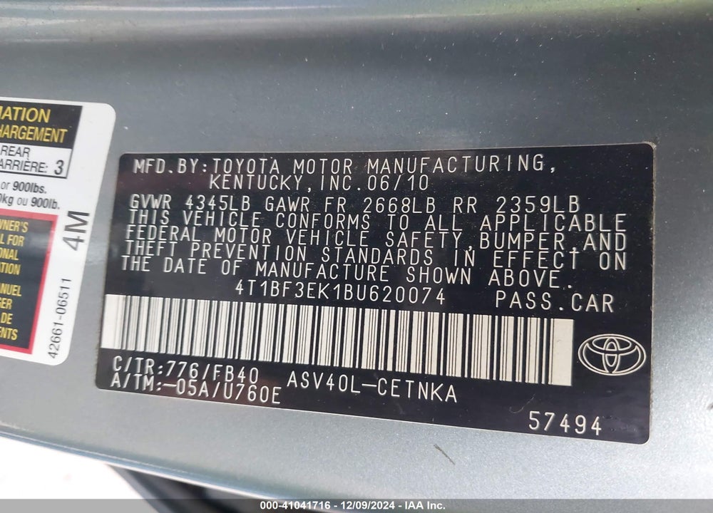 2011 TOYOTA CAMRY LE VIN: 4T1BF3EK1BU620074