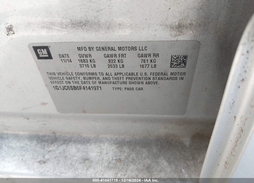 2015 CHEVROLET SONIC LT AUTO VIN: 1G1JC6SB6F4141971