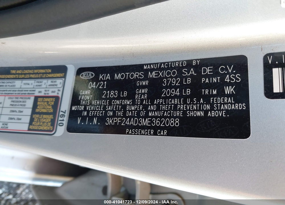 2021 KIA FORTE VIN: 3KPF24AD3ME362088