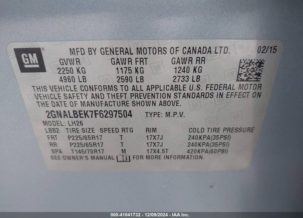 2015 CHEVROLET EQUINOX 1LT VIN: 2GNALBEK7F6297504