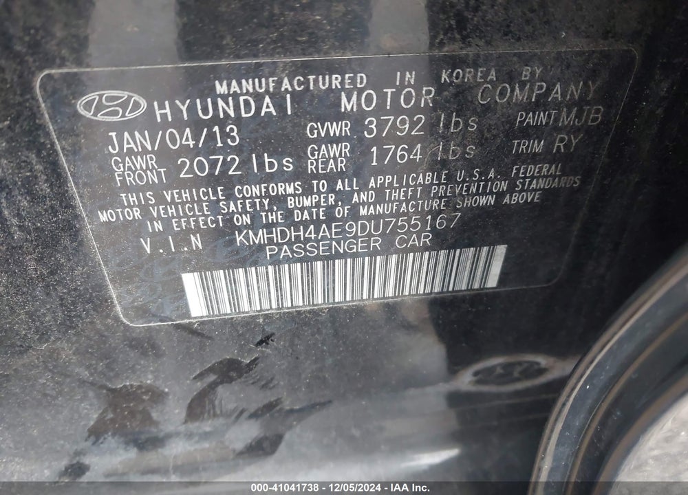 2013 HYUNDAI ELANTRA LIMITED VIN: KMHDH4AE9DU755167