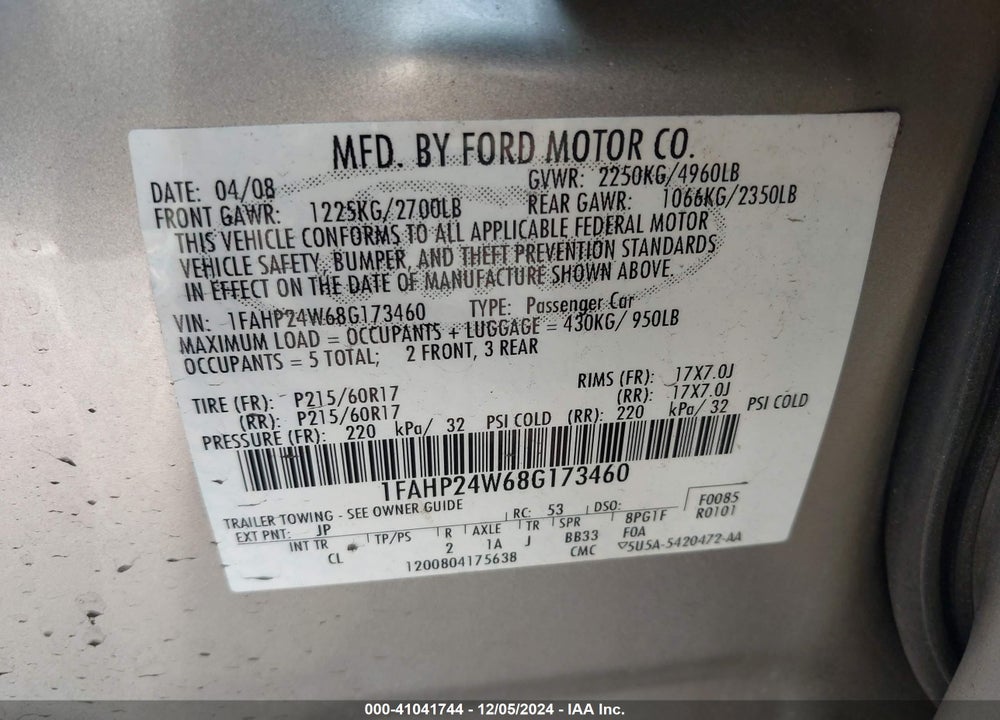 2008 FORD TAURUS SEL VIN: 1FAHP24W68G173460