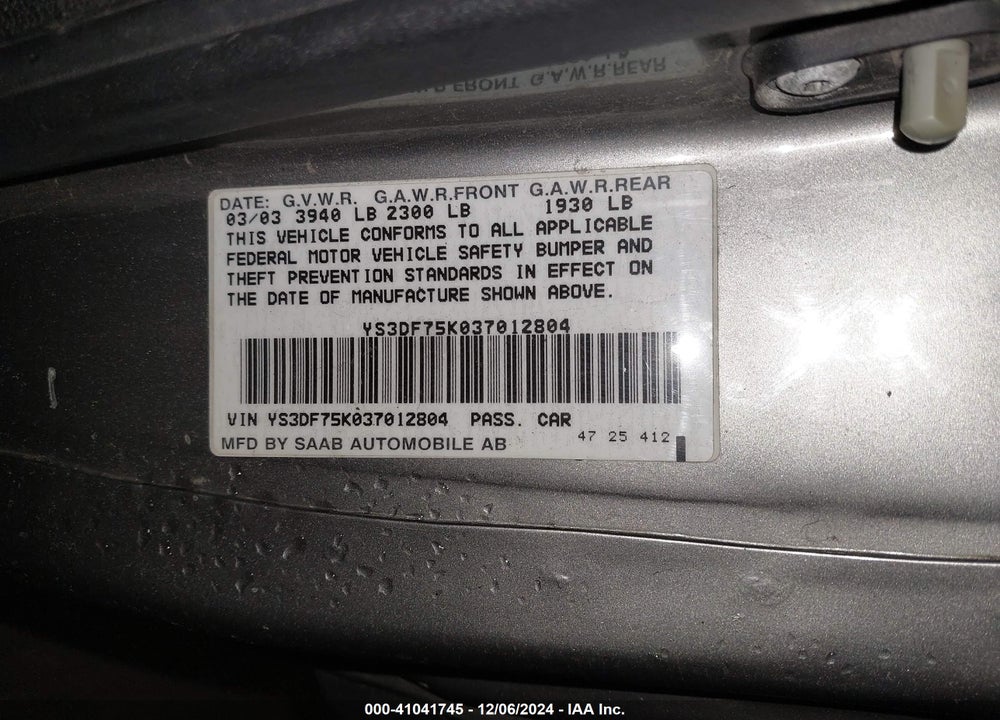 2003 SAAB 9-3 SE VIN: YS3DF75K037012804