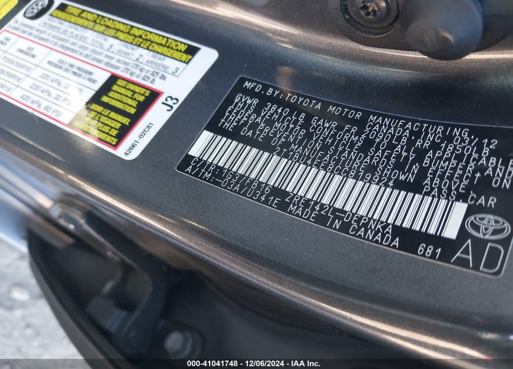 2012 TOYOTA COROLLA LE VIN: 2T1BU4EE8CC819924