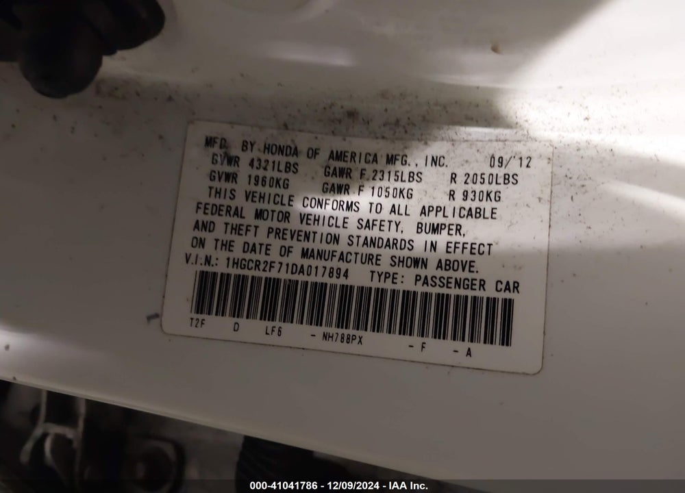 2013 HONDA ACCORD EX VIN: 1HGCR2F71DA017894