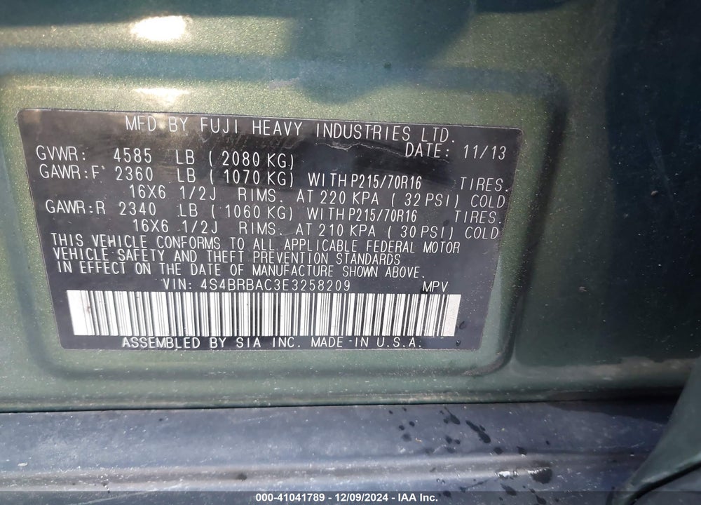 2014 SUBARU OUTBACK 2.5I VIN: 4S4BRBAC3E3258209