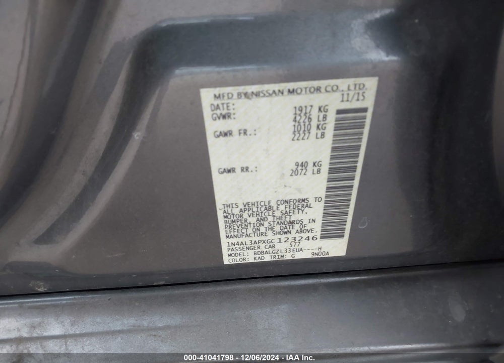2016 NISSAN ALTIMA VIN: 1N4AL3APXGC123246