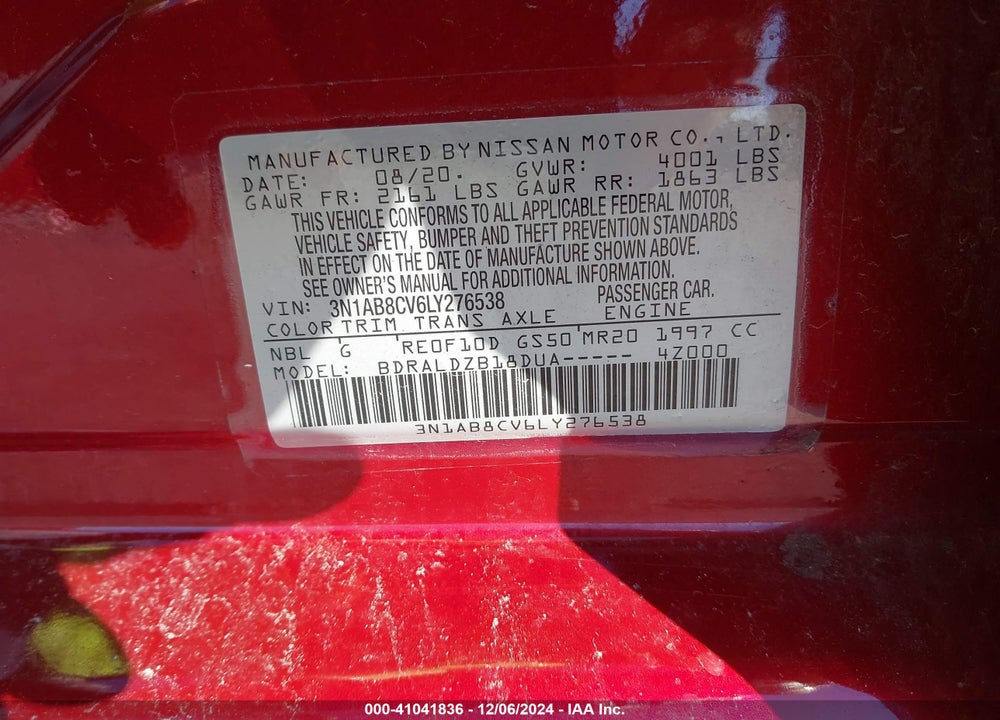 2020 NISSAN SENTRA SV XTRONIC CVT VIN: 3N1AB8CV6LY276538