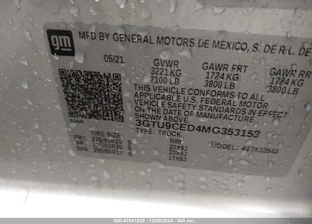 2021 GMC SIERRA 1500 VIN: 3GTU9CED4MG353153