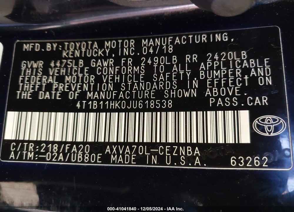 2018 TOYOTA CAMRY LE VIN: 4T1B11HK0JU618538