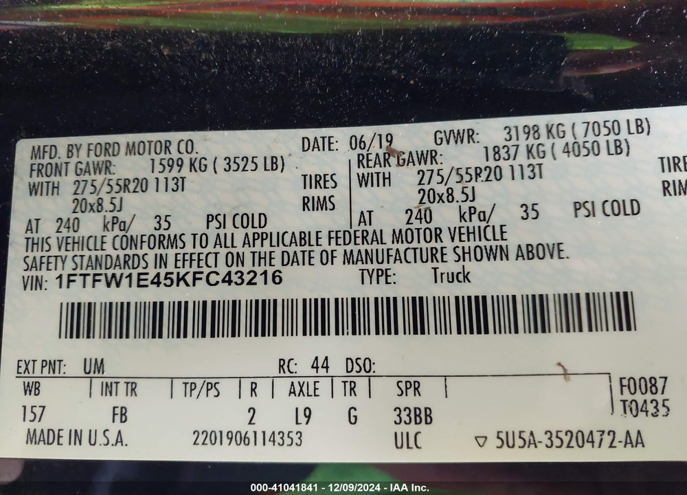 2019 FORD F-150 XLT VIN: 1FTFW1E45KFC43216
