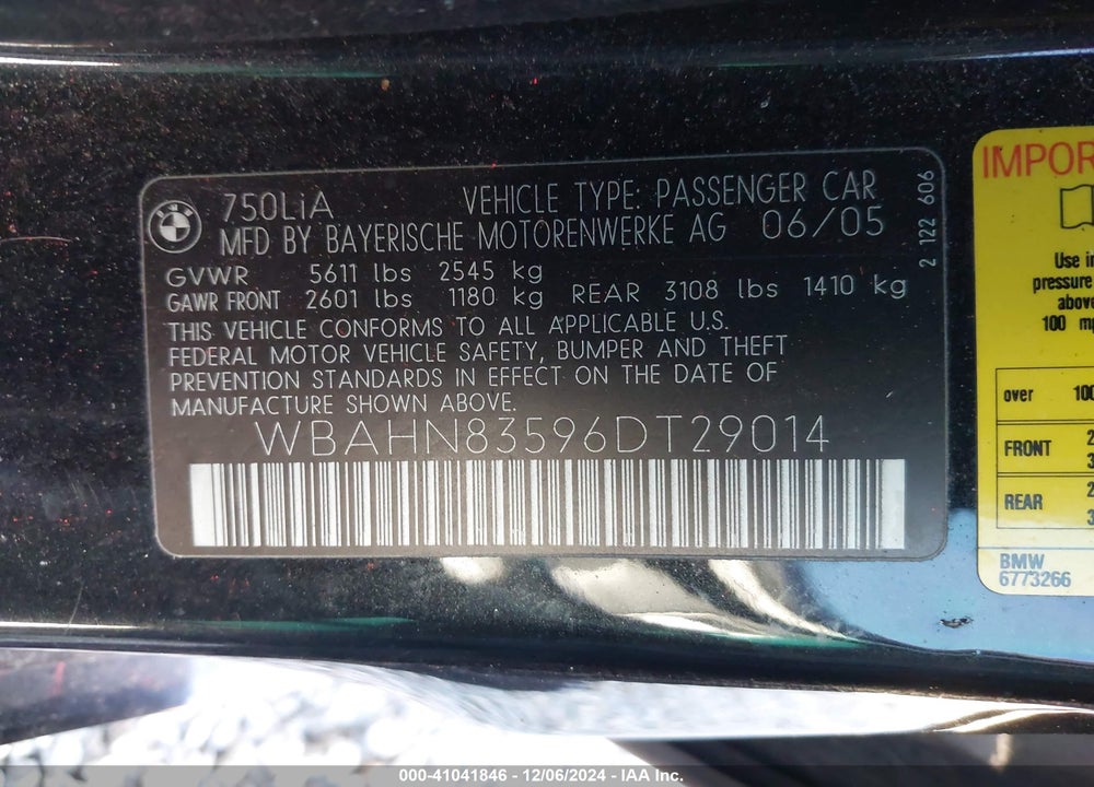 2006 BMW 750LI VIN: WBAHN83596DT29014