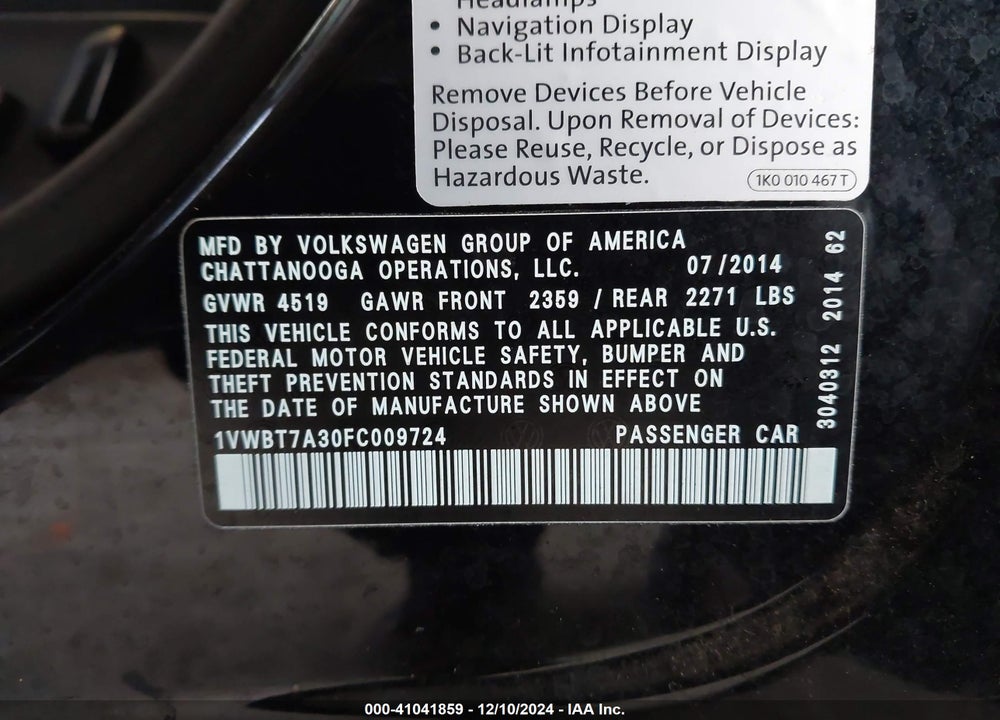 2015 VOLKSWAGEN PASSAT 1.8T LIMITED EDITION/1.8T SE/1.8T SPORT VIN: 1VWBT7A30FC009724