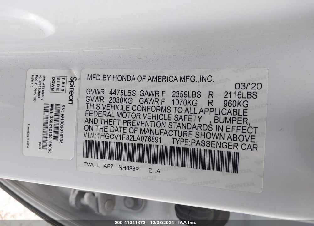 2020 HONDA ACCORD SPORT VIN: 1HGCV1F32LA076891