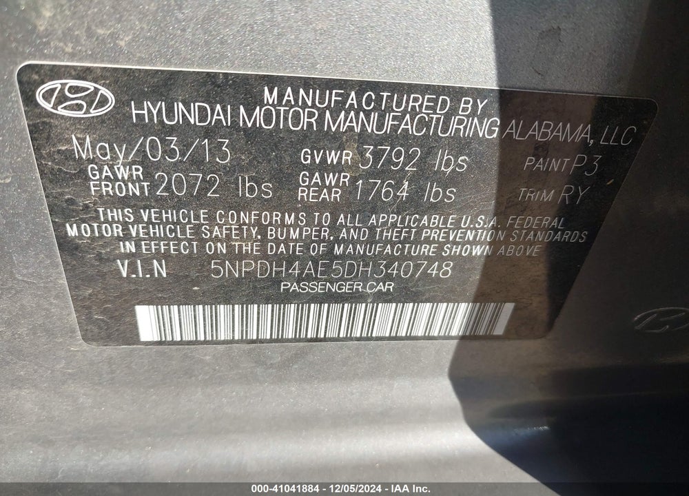 2013 HYUNDAI ELANTRA LIMITED VIN: 5NPDH4AE5DH340748