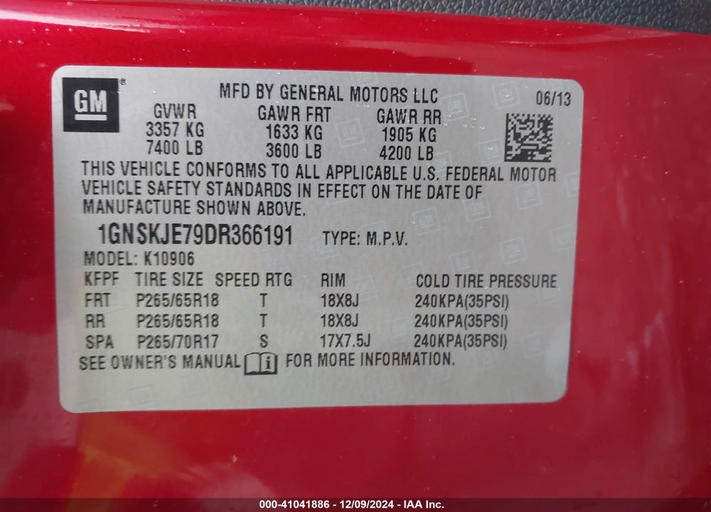 2013 CHEVROLET SUBURBAN 1500 LT VIN: 1GNSKJE79DR366191
