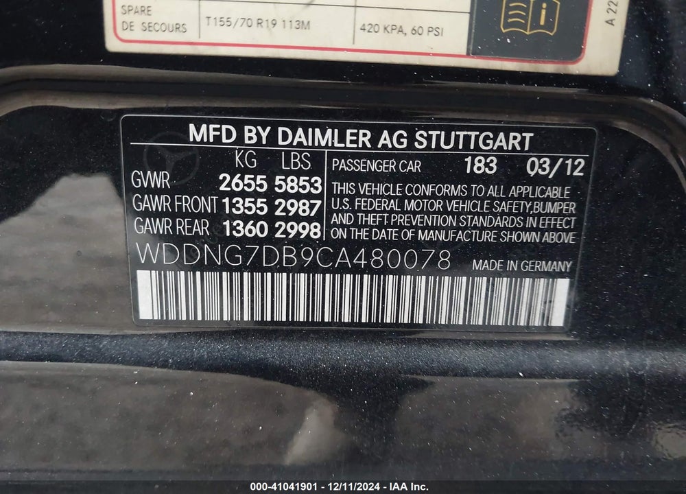 2012 MERCEDES-BENZ S 550 VIN: WDDNG7DB9CA480078