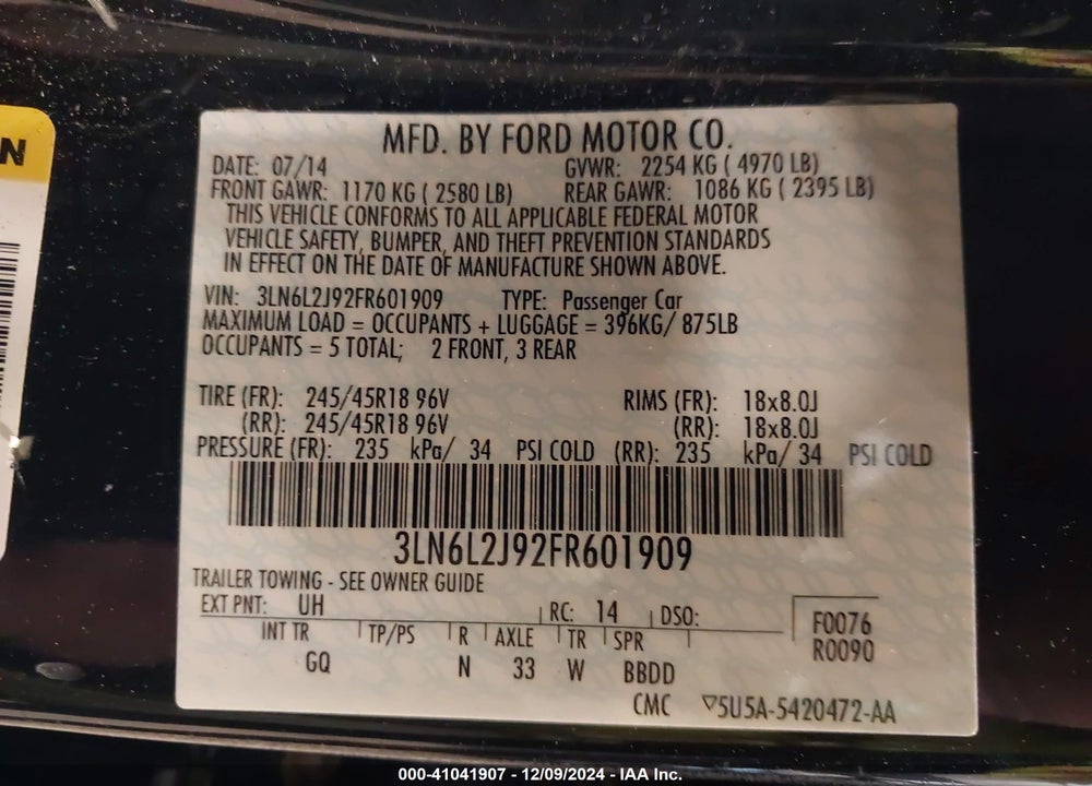 2015 LINCOLN MKZ VIN: 3LN6L2J92FR601909