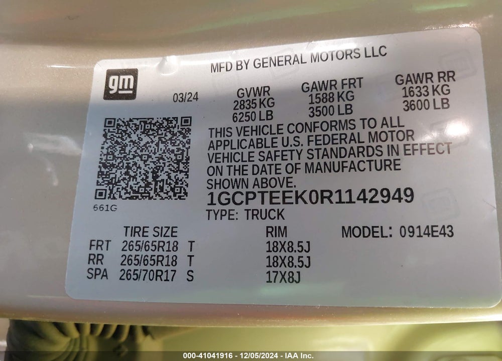 2024 CHEVROLET COLORADO VIN: 1GCPTEEK0R1142949