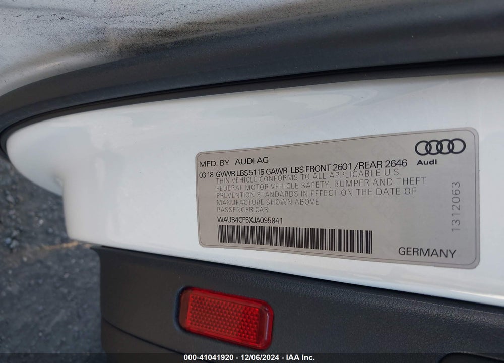 2018 AUDI S5 3.0T PREMIUM PLUS VIN: WAUB4CF5XJA095841