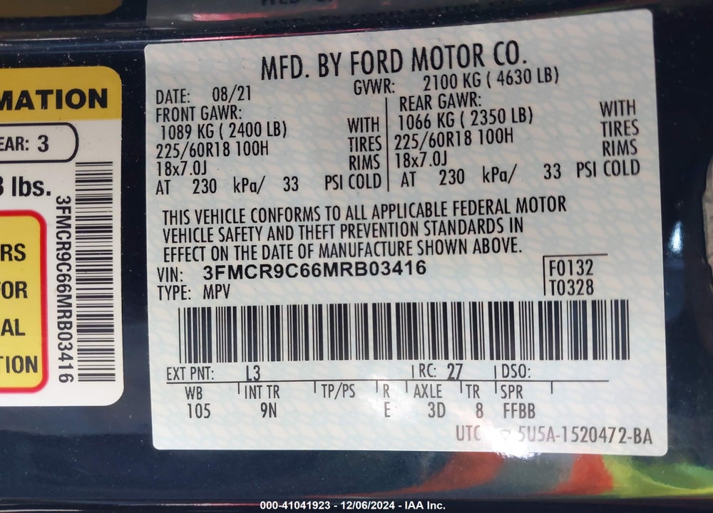 2021 FORD BRONCO SPORT OUTER BANKS VIN: 3FMCR9C66MRB03416