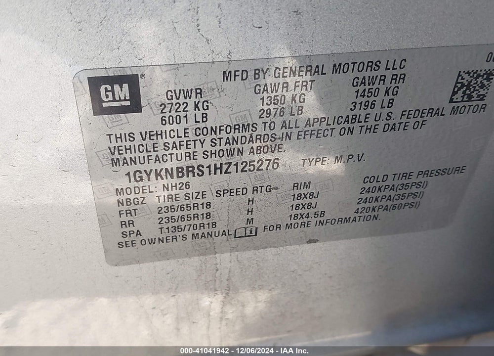 2017 CADILLAC XT5 LUXURY VIN: 1GYKNBRS1HZ125276