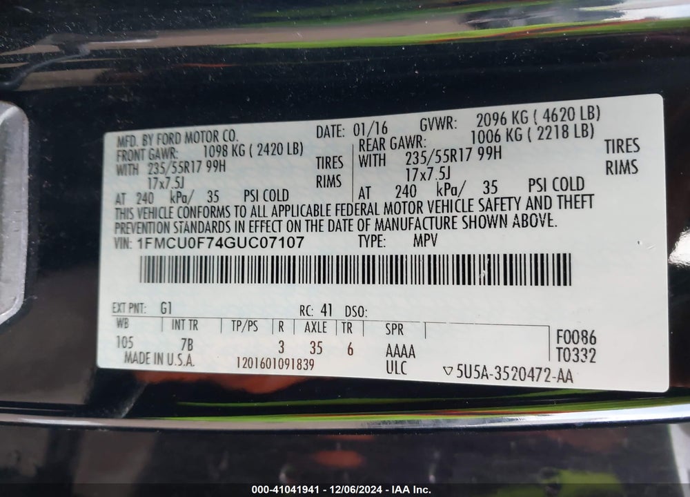 2016 FORD ESCAPE S VIN: 1FMCU0F74GUC07107
