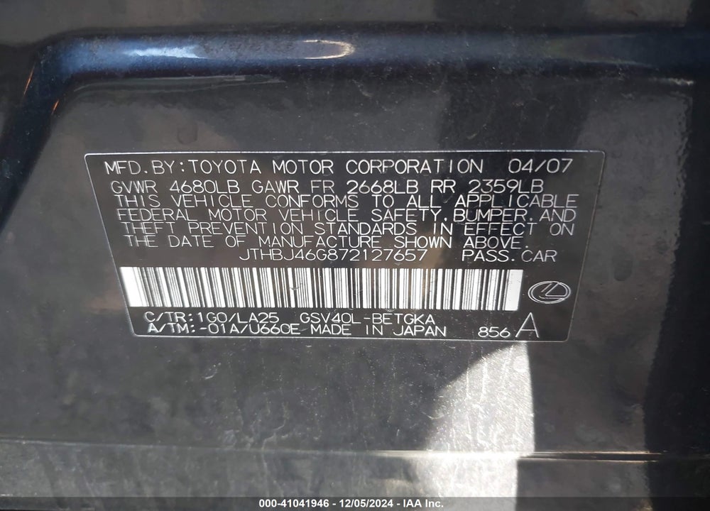 2007 LEXUS ES 350 VIN: JTHBJ46G872127657