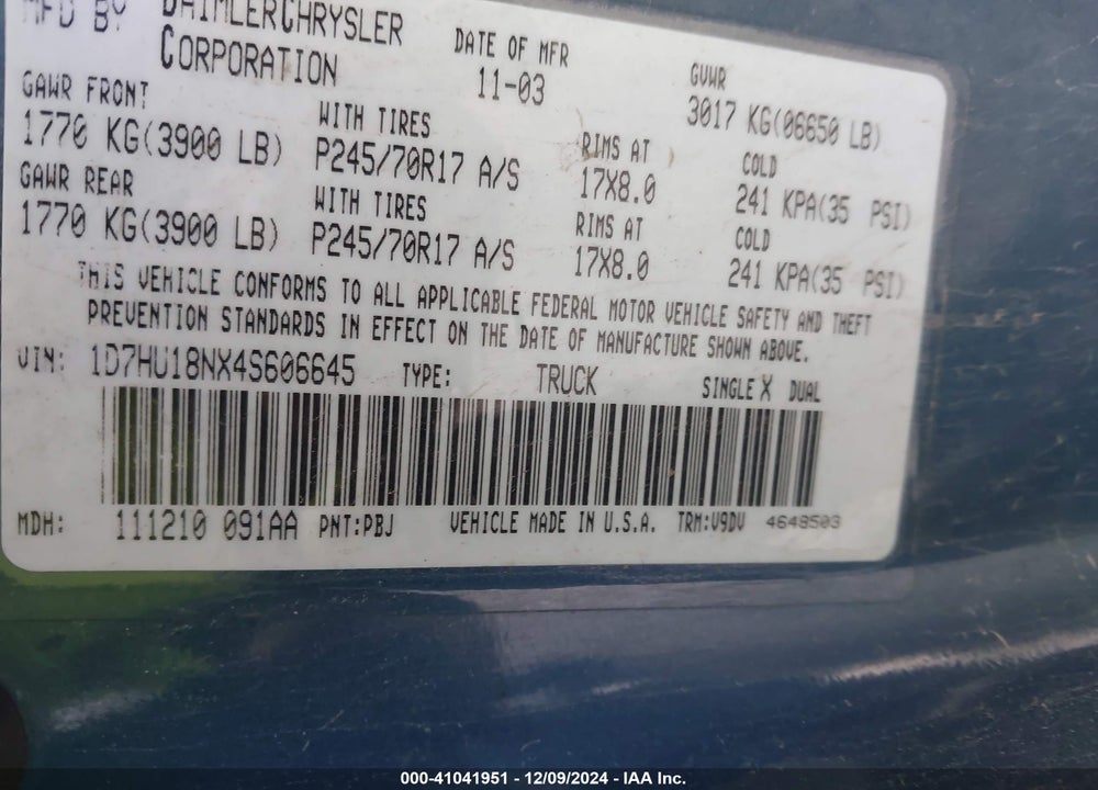 2004 DODGE RAM 1500 SLT/LARAMIE VIN: 1D7HU18NX4S606645