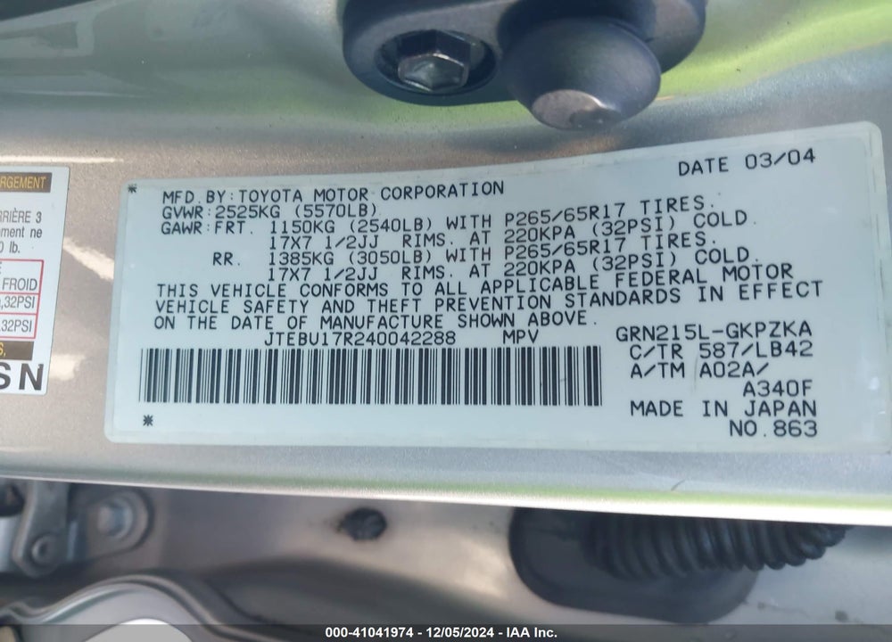 2004 TOYOTA 4RUNNER LIMITED V6 VIN: JTEBU17R240042288