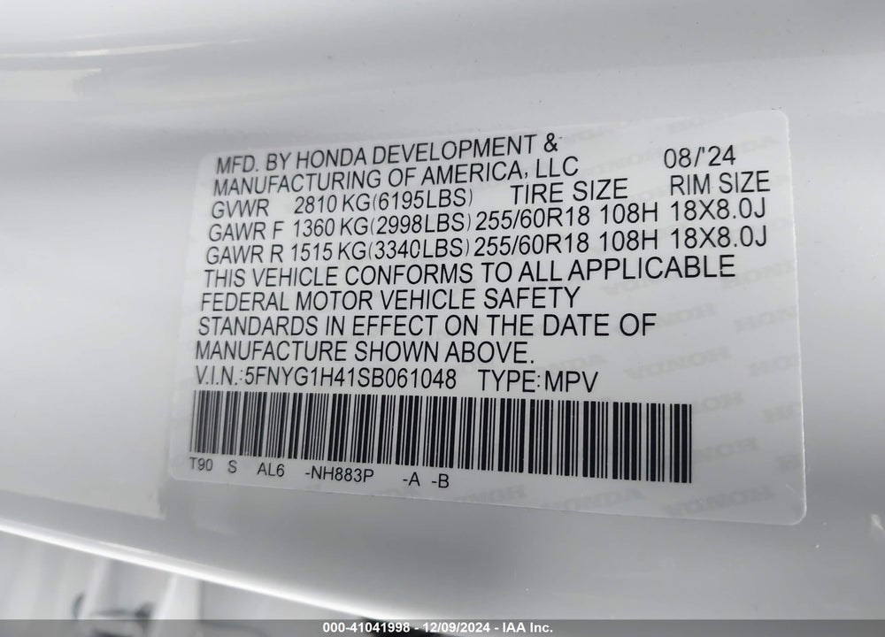 2025 HONDA PILOT VIN: 5FNYG1H41SB061048