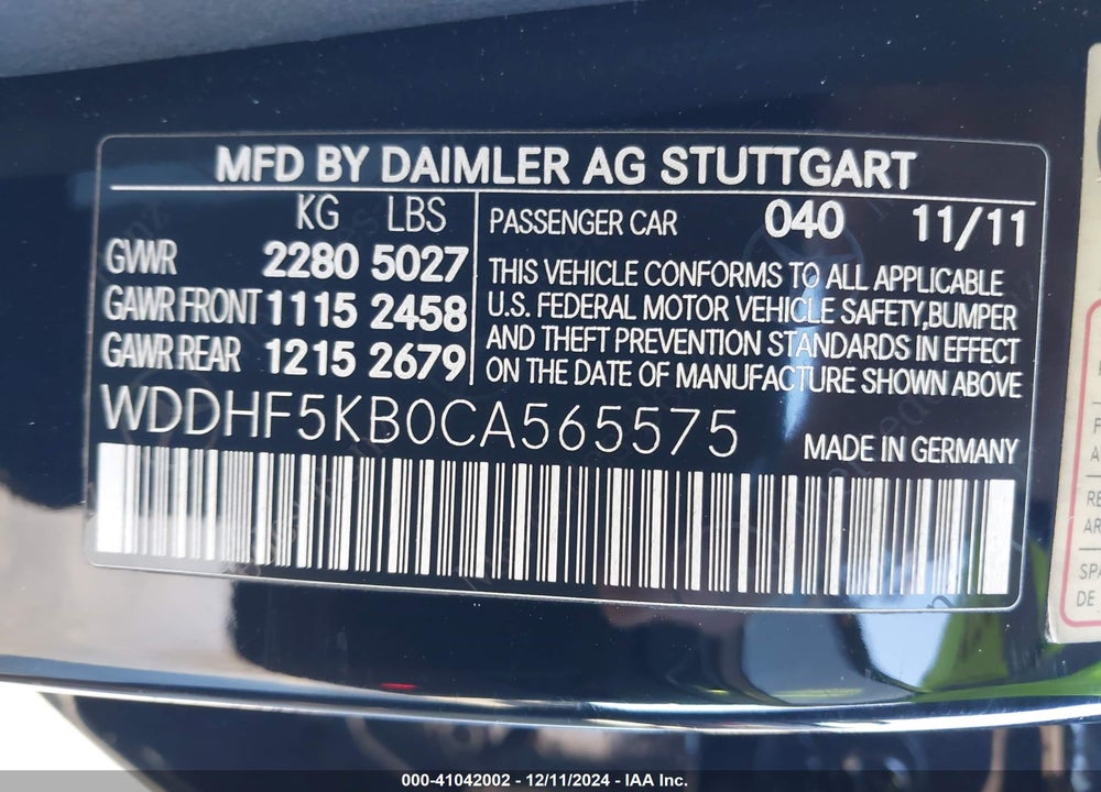2012 MERCEDES-BENZ E 350 VIN: WDDHF5KB0CA565575