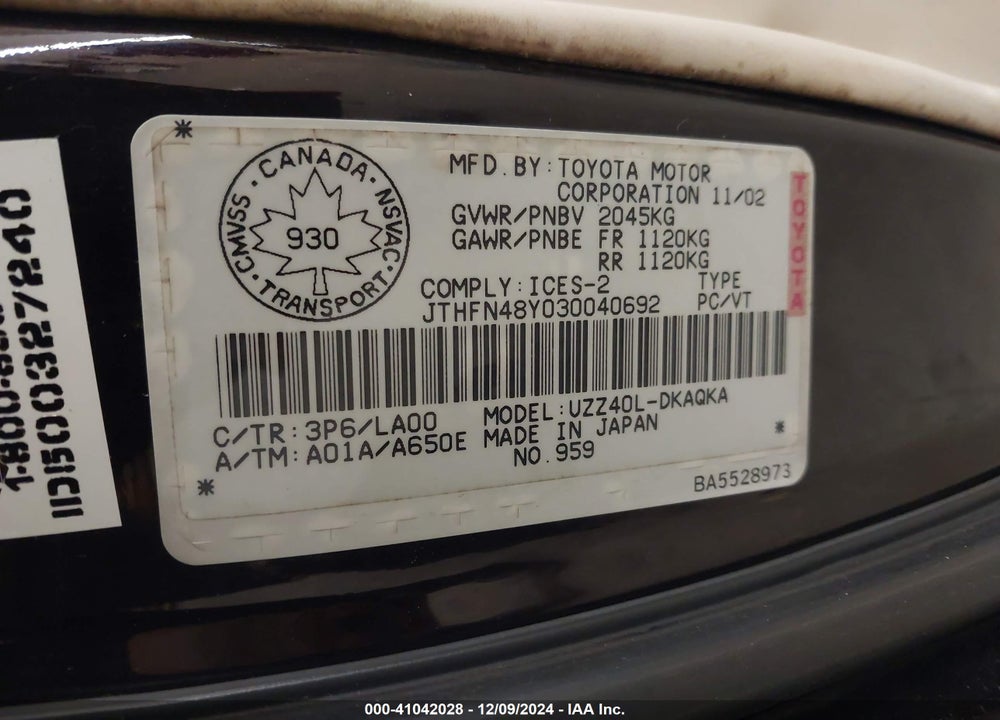 2003 LEXUS SC 430 VIN: JTHFN48Y030040692