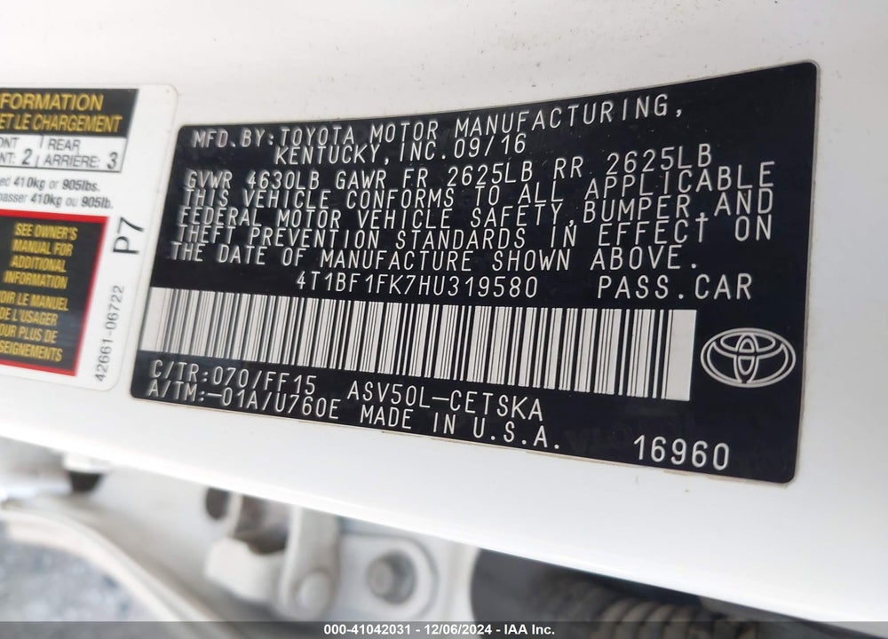 2017 TOYOTA CAMRY SE VIN: 4T1BF1FK7HU319580
