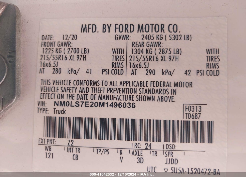 2021 FORD TRANSIT CONNECT XL CARGO VAN VIN: NM0LS7E20M1496036