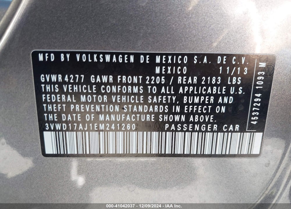 2014 VOLKSWAGEN JETTA 1.8T SE VIN: 3VWD17AJ1EM241260